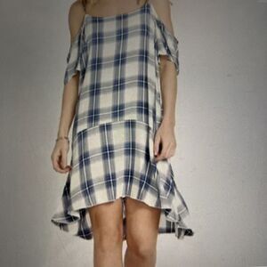 Buffalo David Bitton Womens Kellan M Blue White Plaid Cold Shoulder Shift Dress